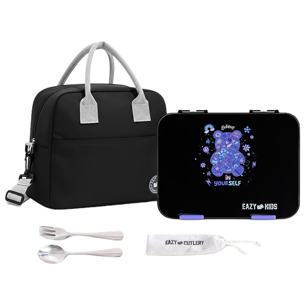 Eazy Kids - 6 Compartment Bento Lunch Box With Lunch Bag - Teddy Black