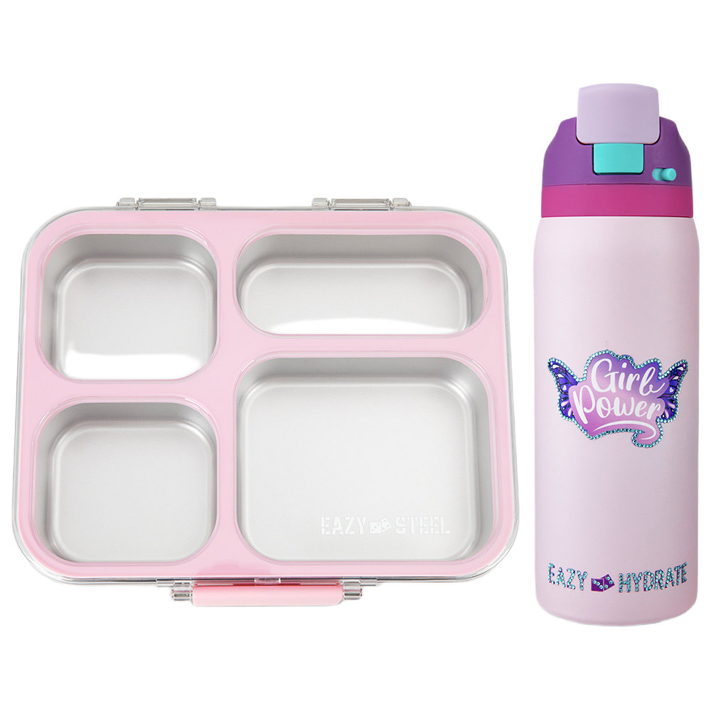 Eazy Kids - 4-Compartment Bento Lunch Box & Stainless Steel Water Bottle Set - Pink - 2 Pcs
