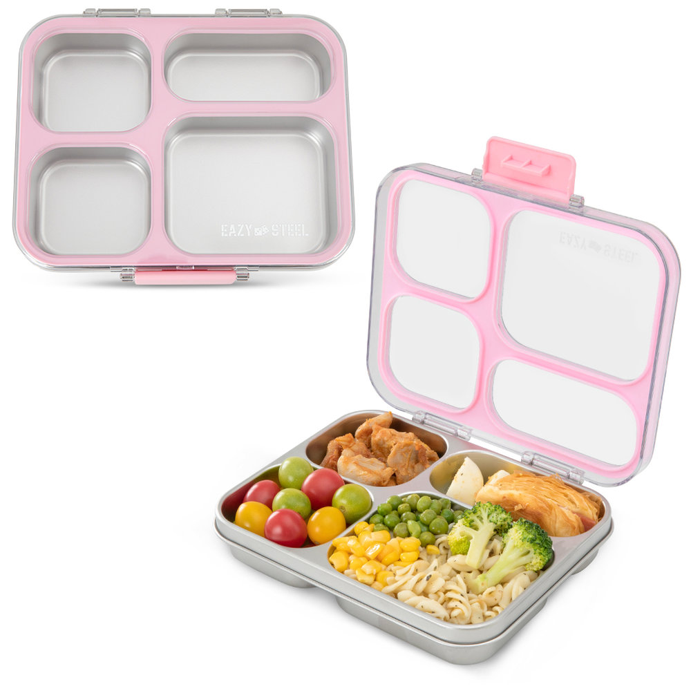 Eazy Kids - 4-Compartment Bento Lunch Box & Stainless Steel Water Bottle Set - Pink - 2 Pcs