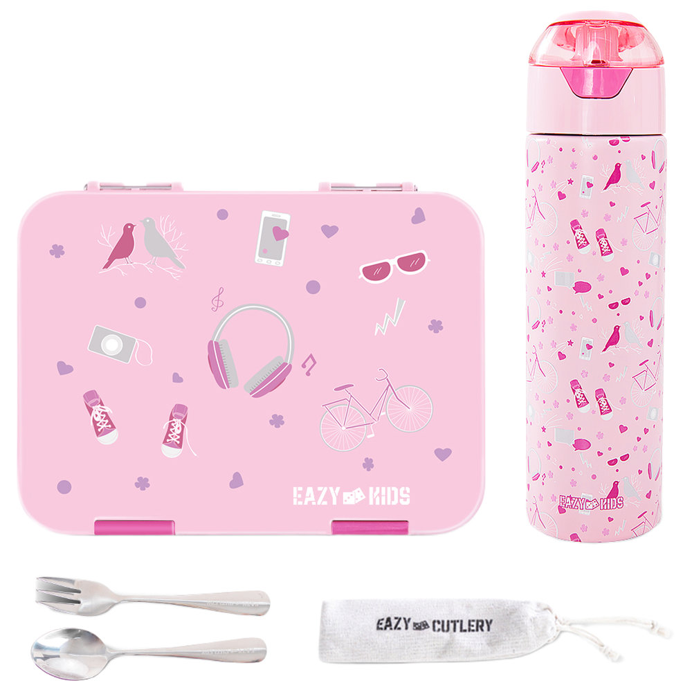 Eazy Kids - Convertible Bento Lunch Box With Cutlery & Insulated Water Bottle Set - Life Pink - 4 Pcs