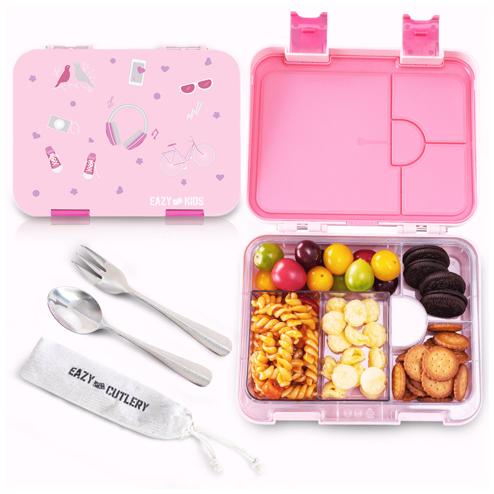 Eazy Kids - Convertible Bento Lunch Box With Cutlery & Insulated Water Bottle Set - Life Pink - 4 Pcs