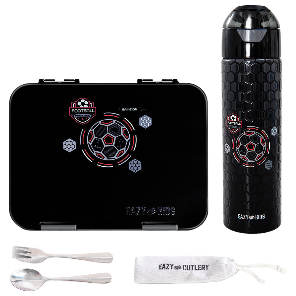 Eazy Kids - Convertible Bento Lunch Box With Cutlery & Insulated Water Bottle Set - Football Black - 4 Pcs