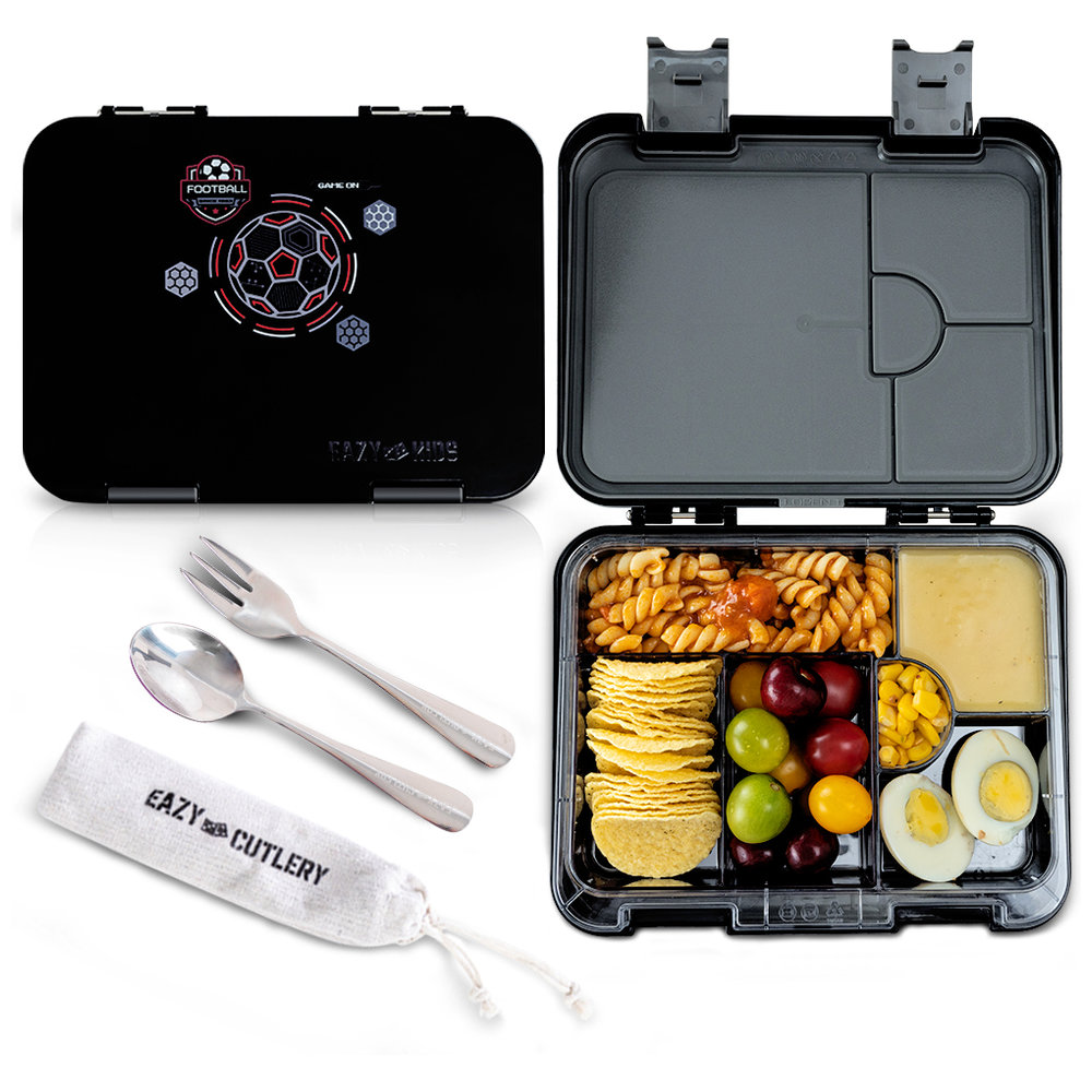 Eazy Kids - Convertible Bento Lunch Box With Cutlery & Insulated Water Bottle Set - Football Black - 4 Pcs