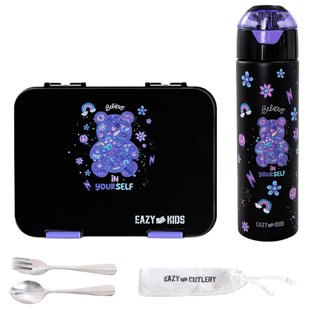 Eazy Kids - Convertible Bento Lunch Box With Cutlery & Insulated Water Bottle Set - Teddy Black - 4 Pcs