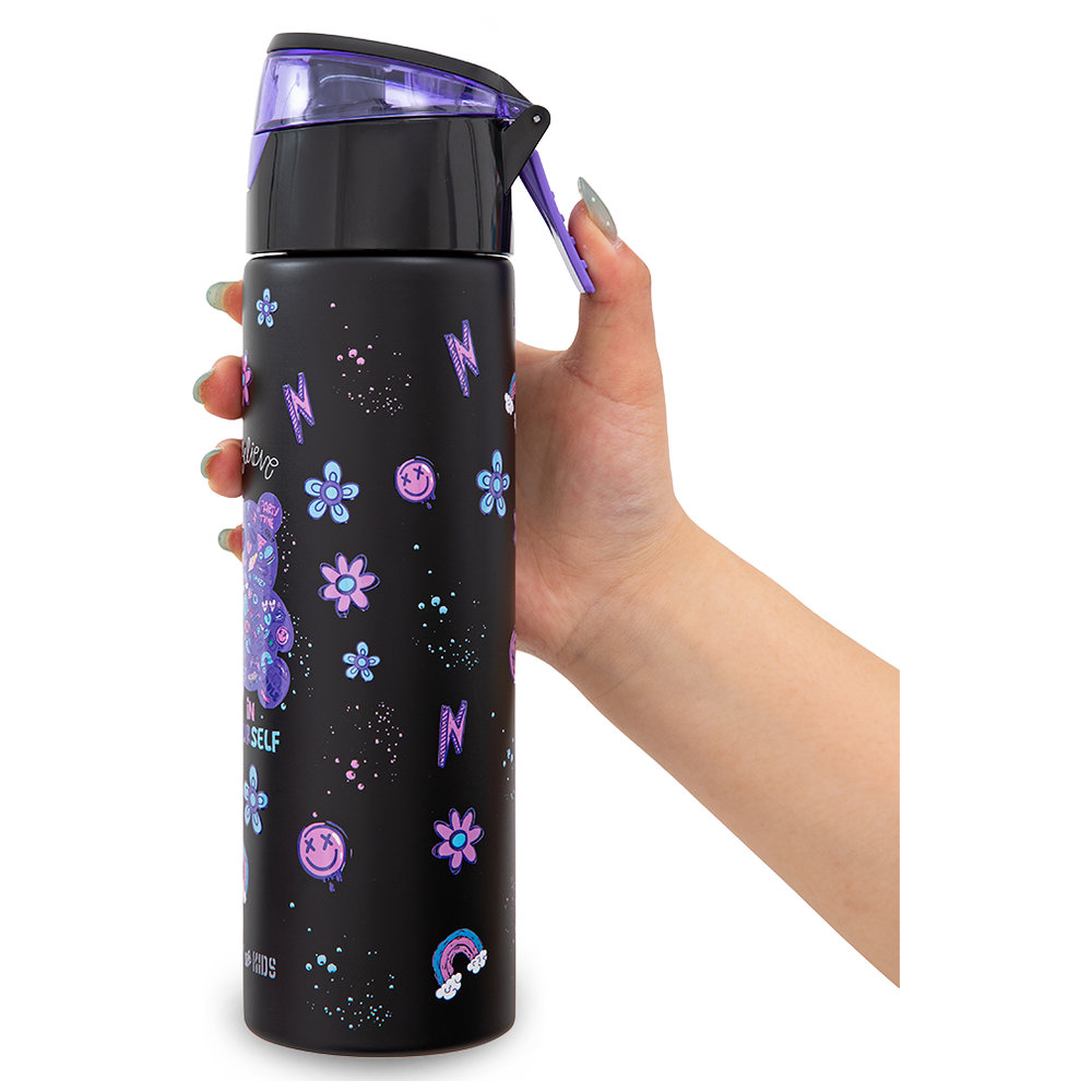 Eazy Kids - Convertible Bento Lunch Box With Cutlery & Insulated Water Bottle Set - Teddy Black - 4 Pcs