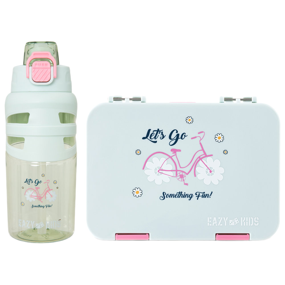 Eazy Kids - 4 Compartment Bento Lunch Box With Flip Top Water Bottle - Bicycle Mint - 750 ml
