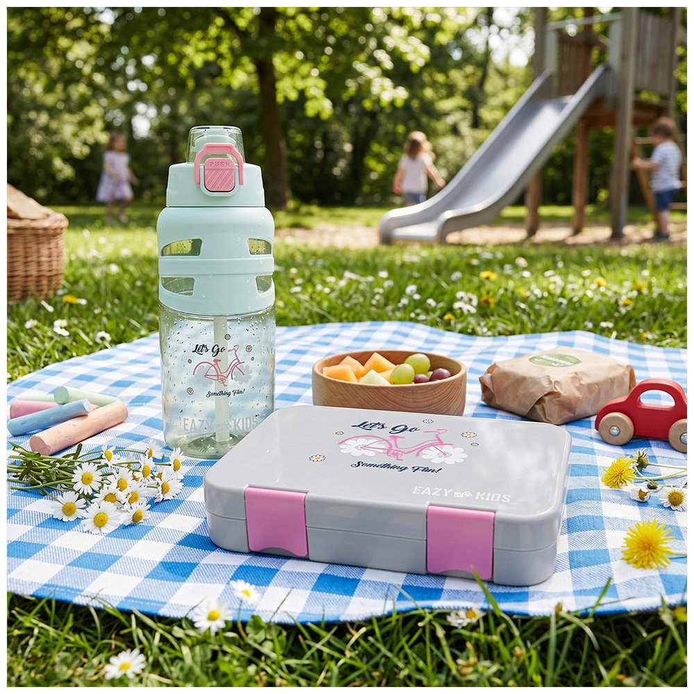 Eazy Kids - 4 Compartment Bento Lunch Box With Flip Top Water Bottle - Bicycle Mint - 750 ml
