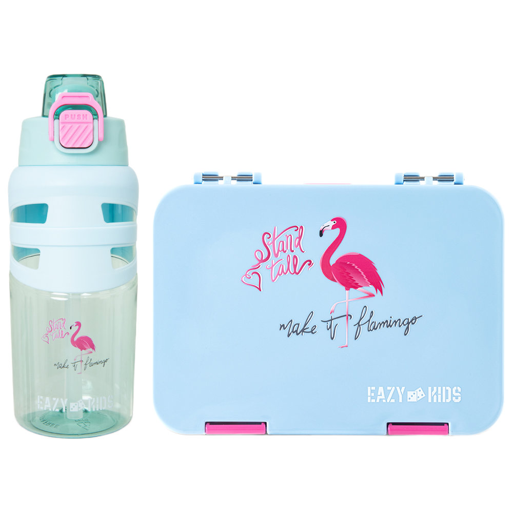 Eazy Kids - 4 Compartment Bento Lunch Box With Flip Top Water Bottle - Flamingo Aqua - 750 ml