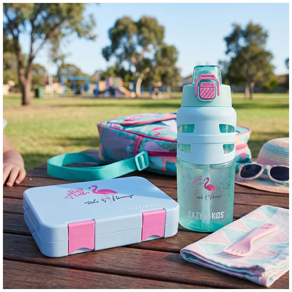 Eazy Kids - 4 Compartment Bento Lunch Box With Flip Top Water Bottle - Flamingo Aqua - 750 ml