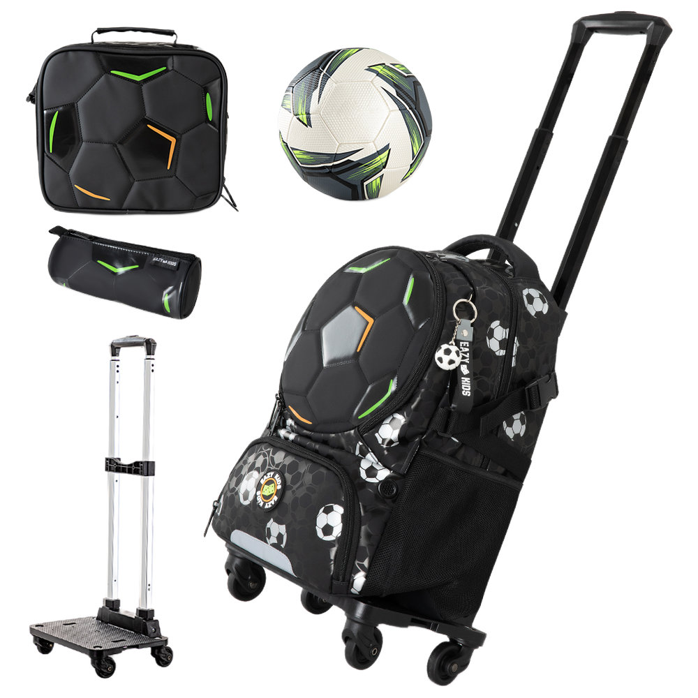Eazy Kids - Footballer Backpack, Lunch Bag, Pencil Case, Football, 4-Wheel School Trolley - Black - 5 Pc Set