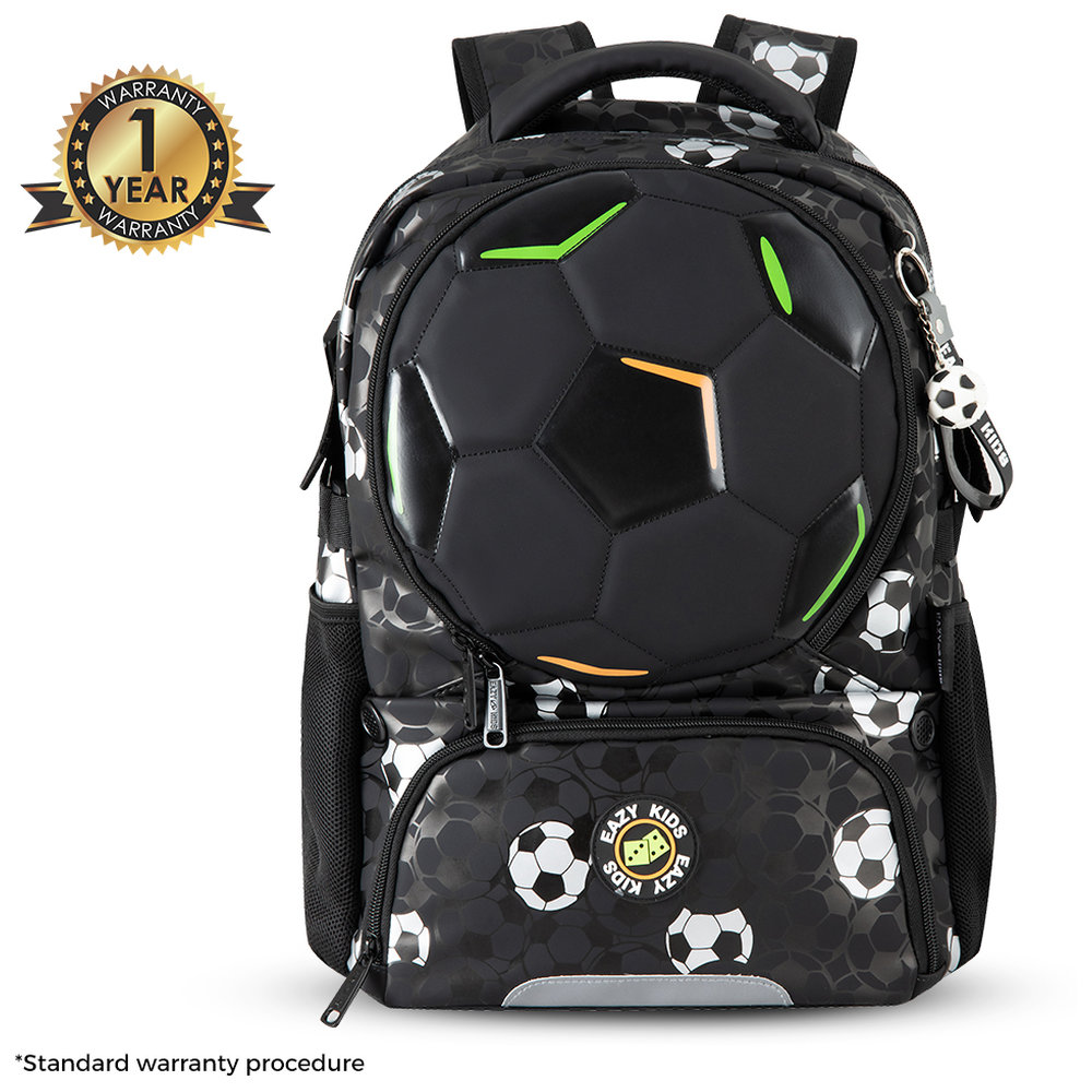 Eazy Kids - Footballer Backpack, Lunch Bag, Pencil Case, Football, 4-Wheel School Trolley - Black - 5 Pc Set