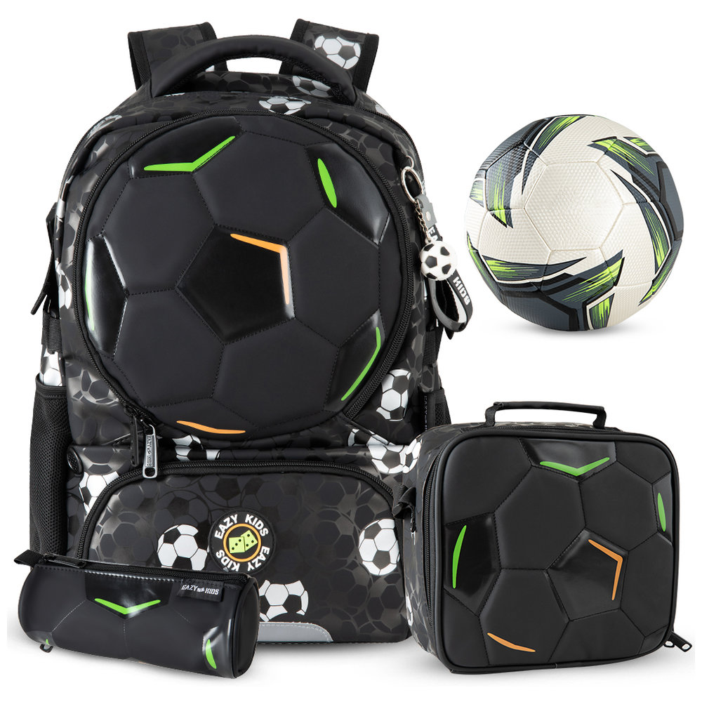 Eazy Kids - Footballer Backpack, Lunch Bag, Pencil Case, Football, 4-Wheel School Trolley - Black - 5 Pc Set