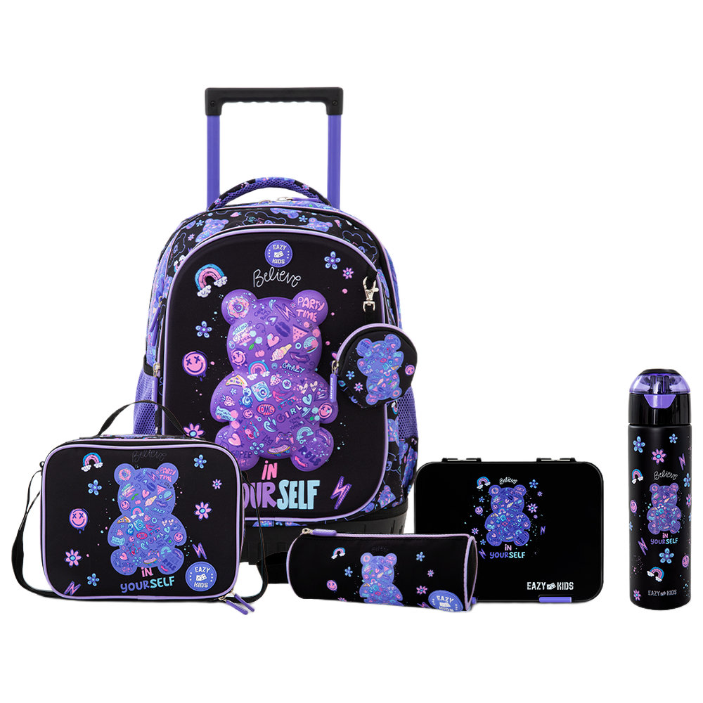 Eazy Kids - Trolley Backpack, Water Bottle, Bento Lunch Box, Lunch Bag & Pencil Case Set - Teddy Black - 8 Pcs