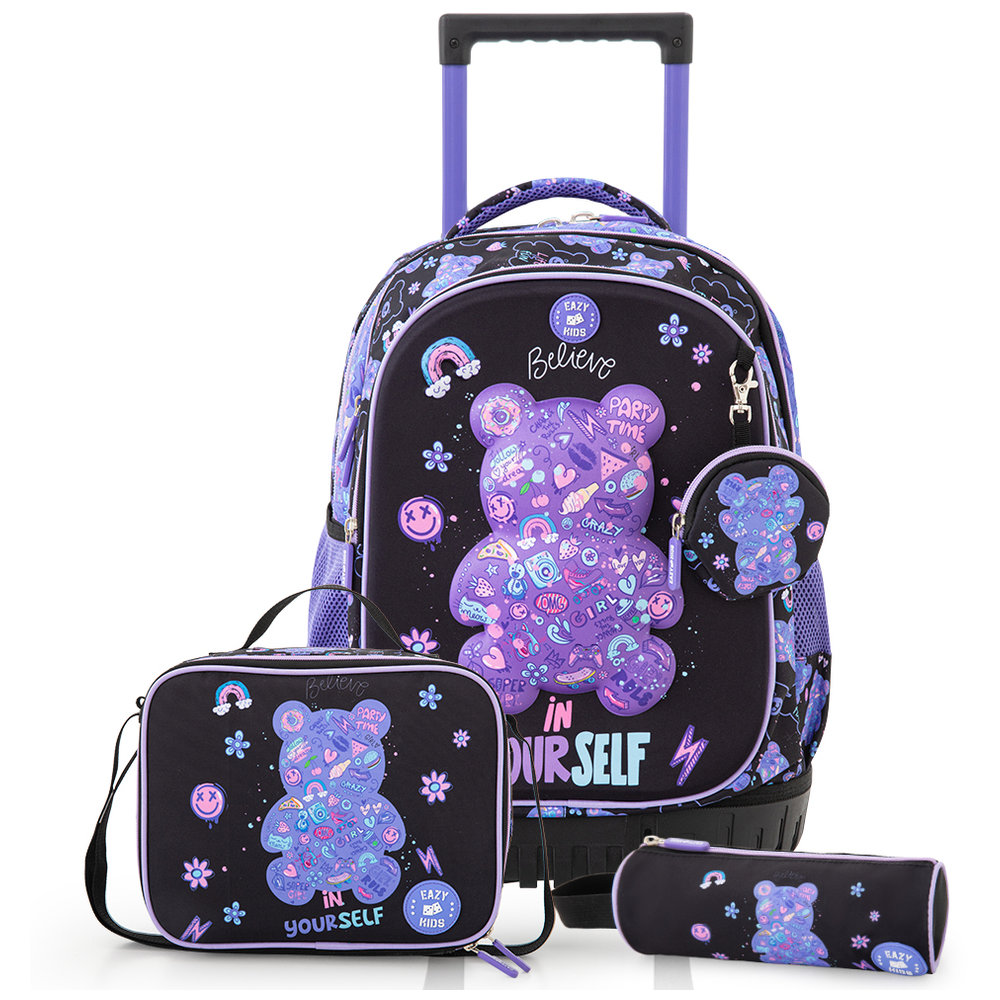 Eazy Kids - Trolley Backpack, Water Bottle, Bento Lunch Box, Lunch Bag & Pencil Case Set - Teddy Black - 8 Pcs