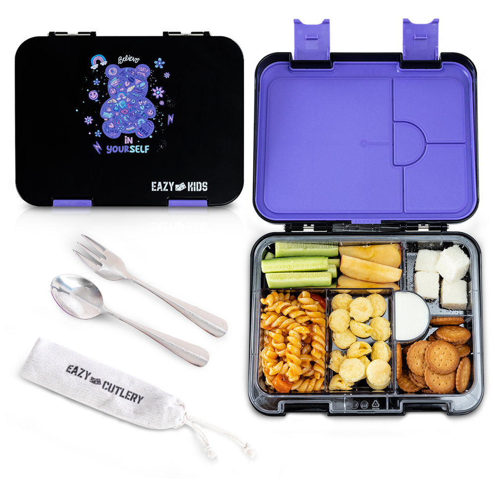 Eazy Kids - Trolley Backpack, Water Bottle, Bento Lunch Box, Lunch Bag & Pencil Case Set - Teddy Black - 8 Pcs