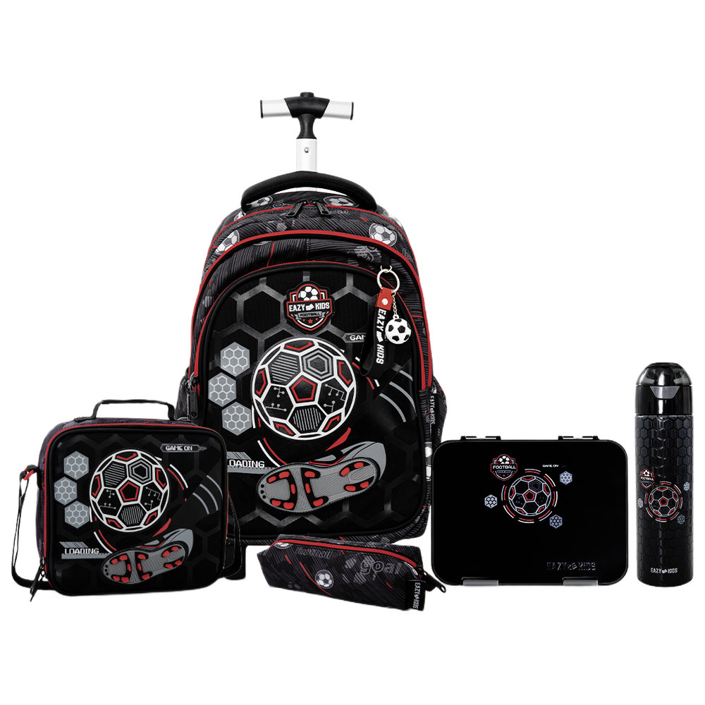 Eazy Kids - Trolley Backpack, Water Bottle, Lunch Bag, Bento Lunch Box & Pencil Case Set - Football Black - 7 Pcs