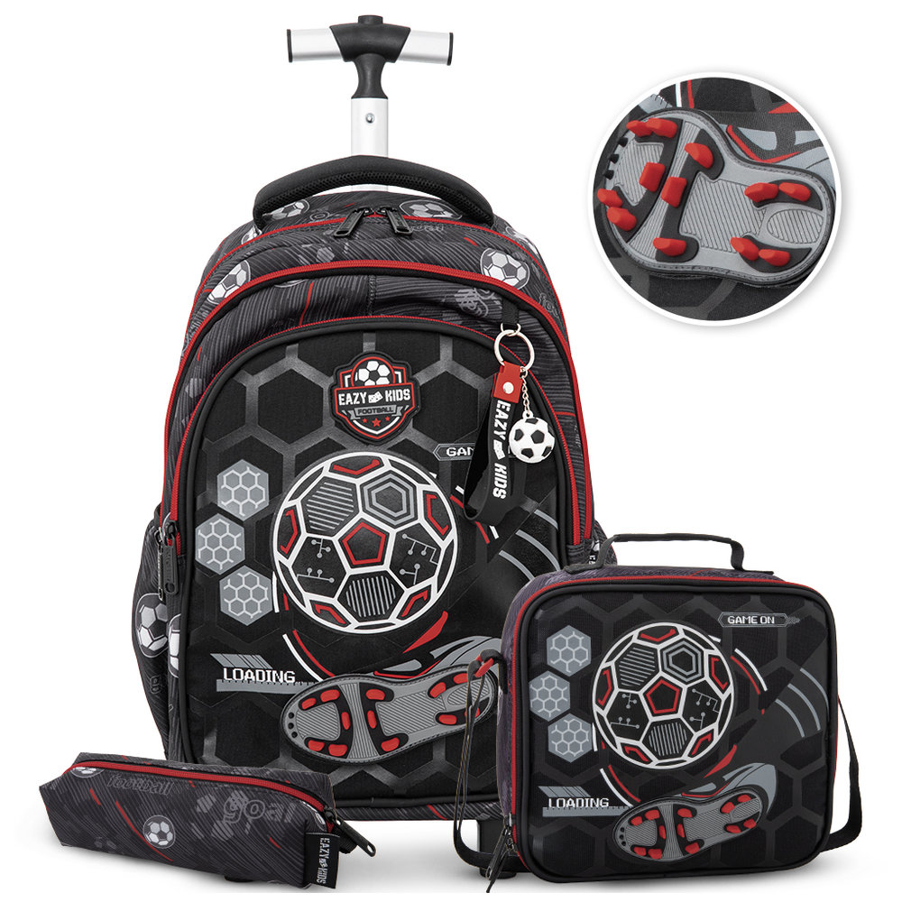 Eazy Kids - Trolley Backpack, Water Bottle, Lunch Bag, Bento Lunch Box & Pencil Case Set - Football Black - 7 Pcs