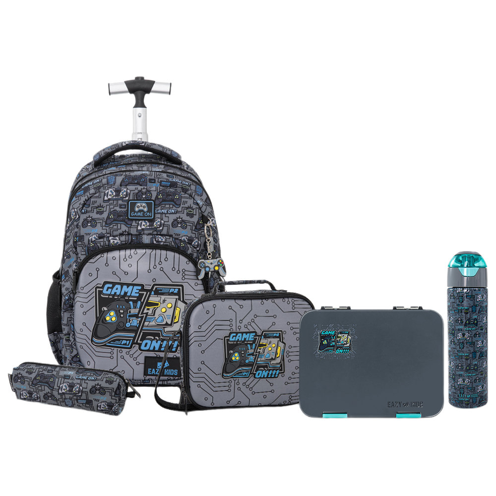 Eazy Kids - Trolley Backpack, Water Bottle, Bento Lunch Box, Lunch Bag & Pencil Case Set - Gamer Grey - 7 Pcs