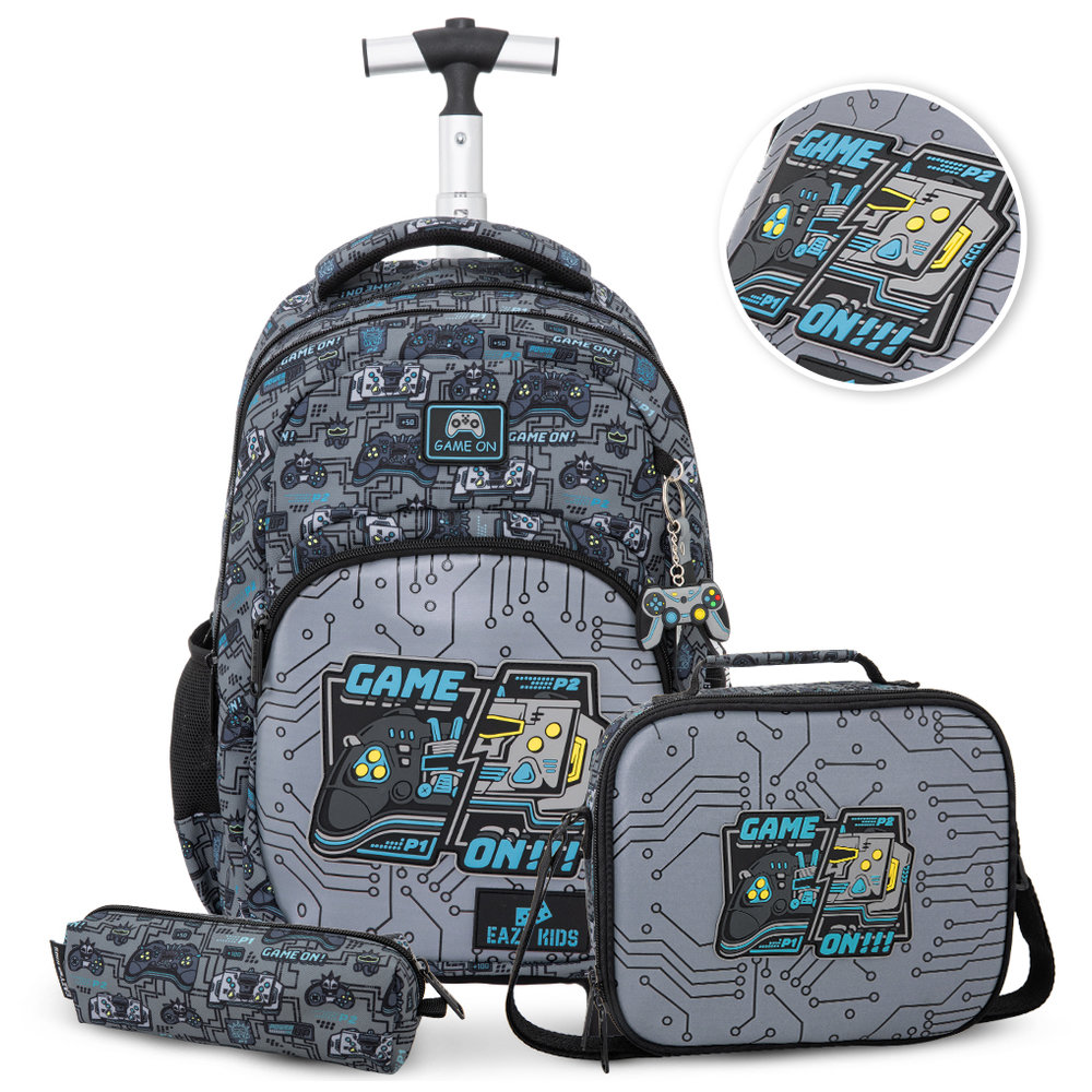 Eazy Kids - Trolley Backpack, Water Bottle, Bento Lunch Box, Lunch Bag & Pencil Case Set - Gamer Grey - 7 Pcs