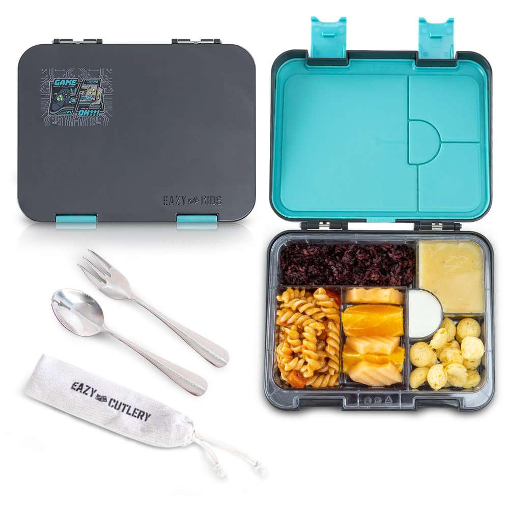 Eazy Kids - Trolley Backpack, Water Bottle, Bento Lunch Box, Lunch Bag & Pencil Case Set - Gamer Grey - 7 Pcs