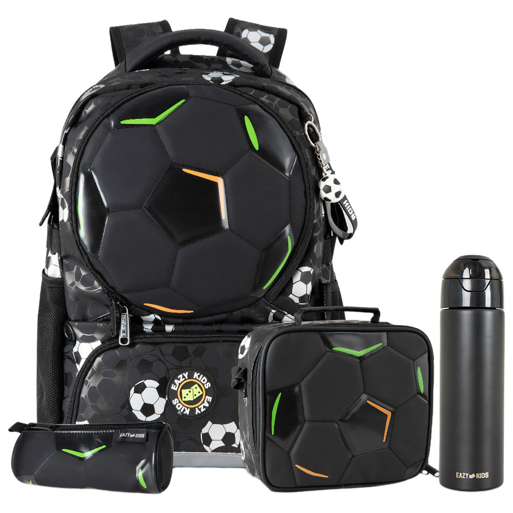 Eazy Kids - Backpack, Stainless Steel Water Bottle, Pencil Case, Football & Lunch Bag Set - Footballer - 5 Pcs