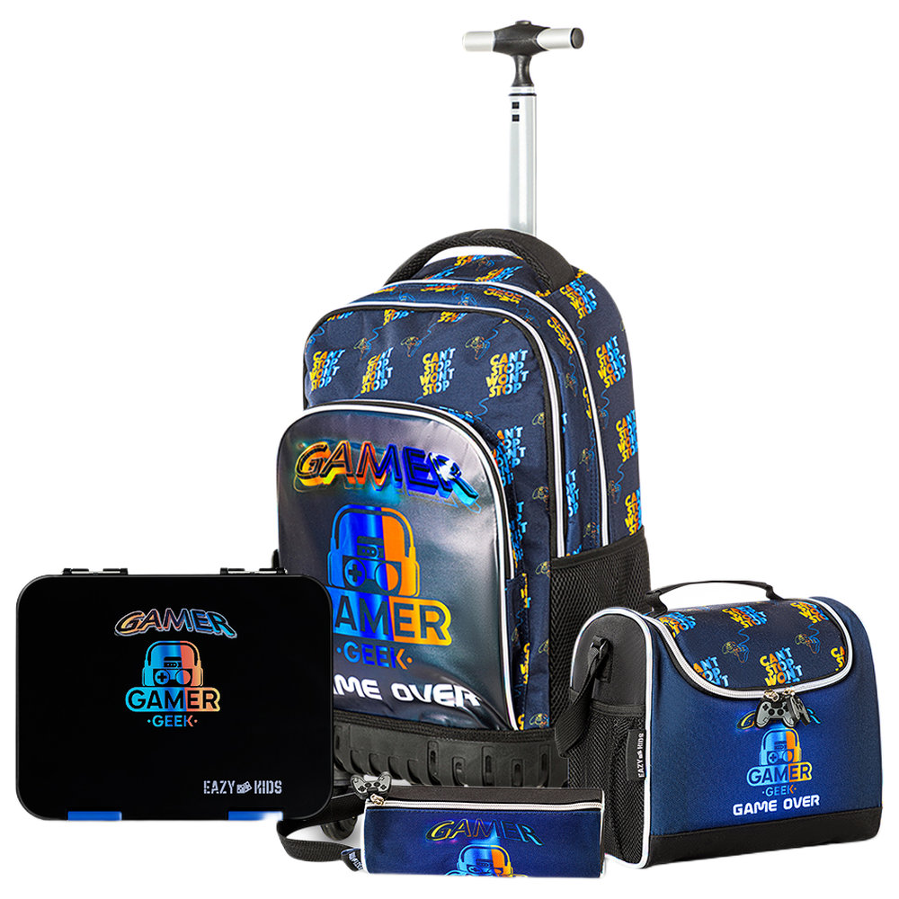 Eazy Kids - Gamer Edition Trolley Backpack, Bento Lunch Box, Spray Water Bottle, Lunch Bag, & Pencil Case Set - Black - 7 Pcs