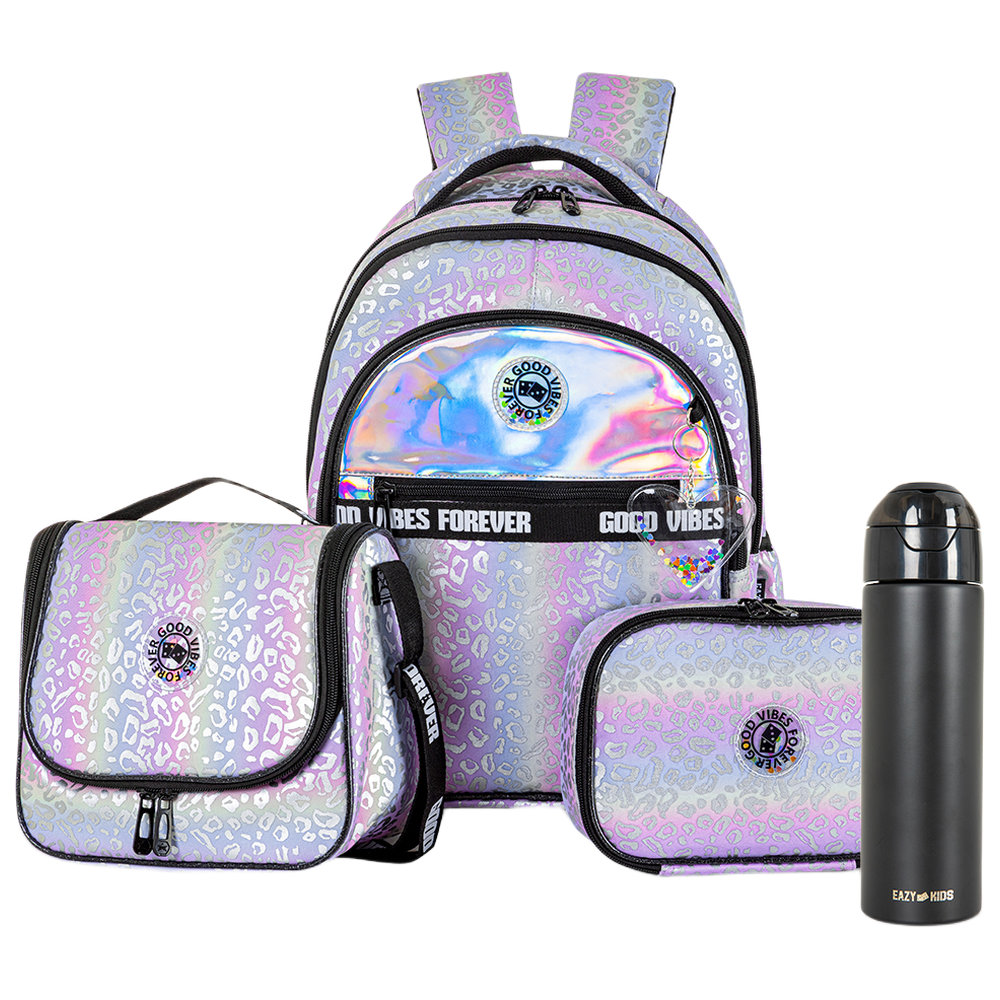 Eazy Kids - Backpack, Stainless Steel Water Bottle, Pencil Case & Lunch Bag Set - Good Vibes - 4 Pcs