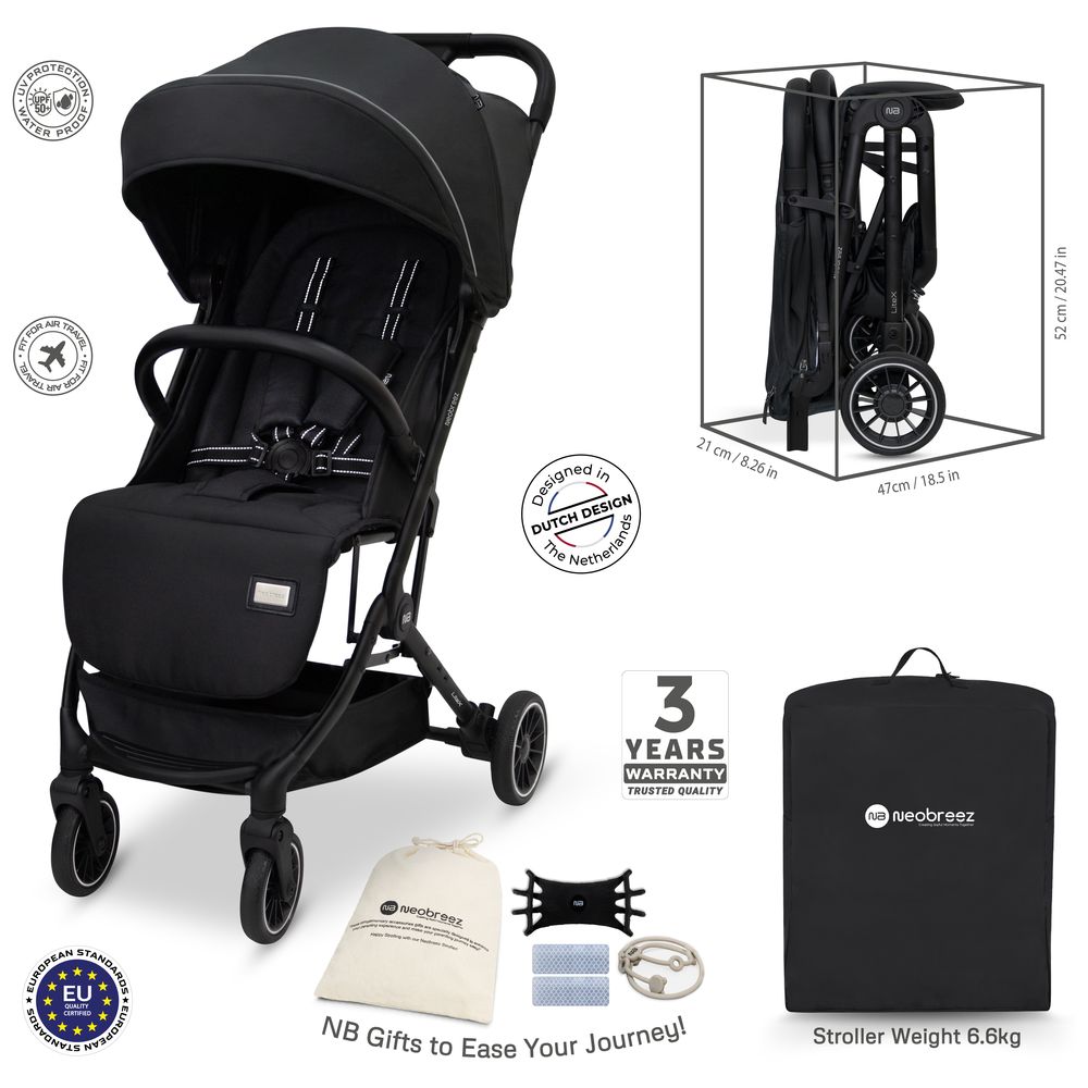 Neobreez - Litex Compact Cabin Stroller And Nixe 7pc-Set Diaper Backpack - Black