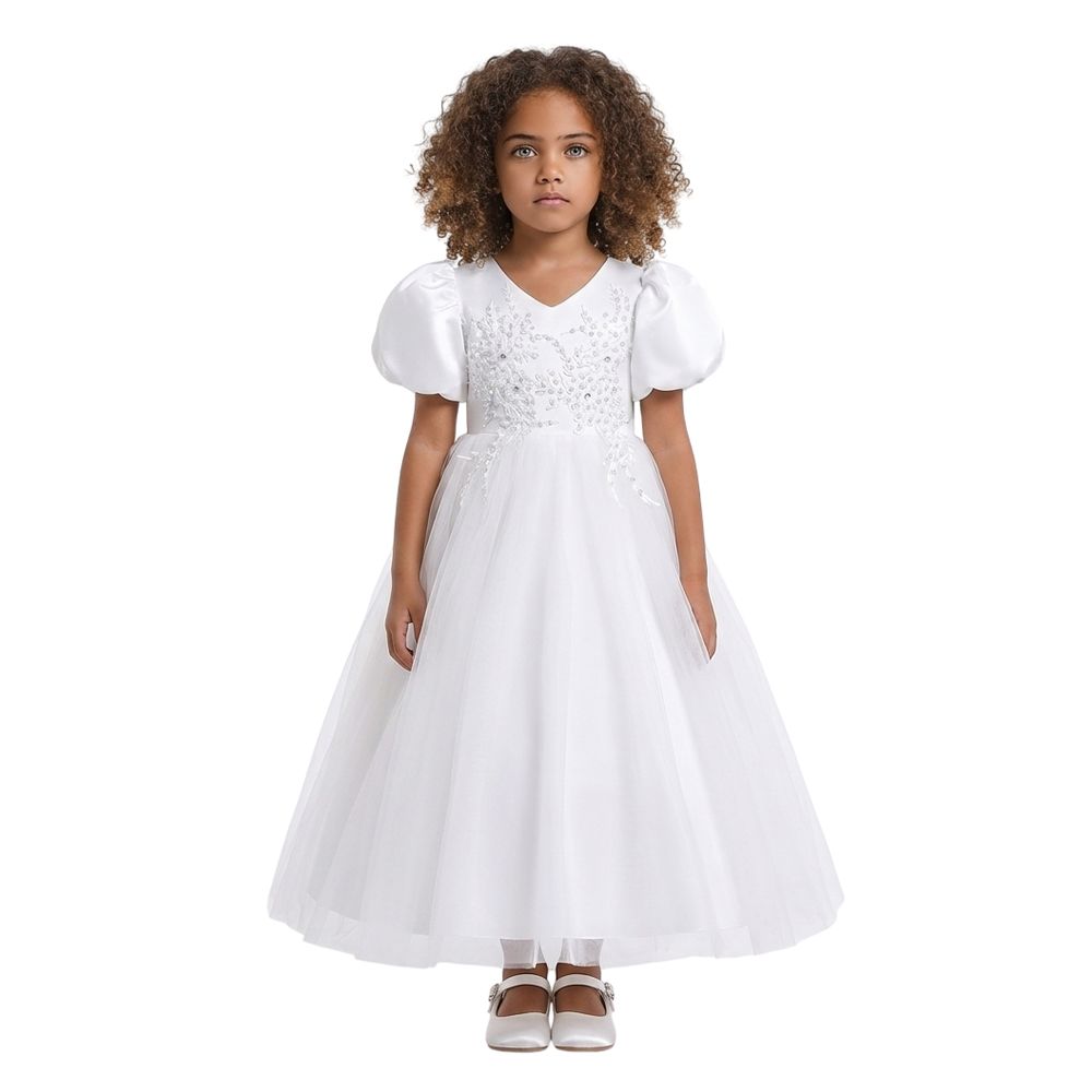 D' Daniela Puff Sleeve Long Tulle Pearl Dress - White