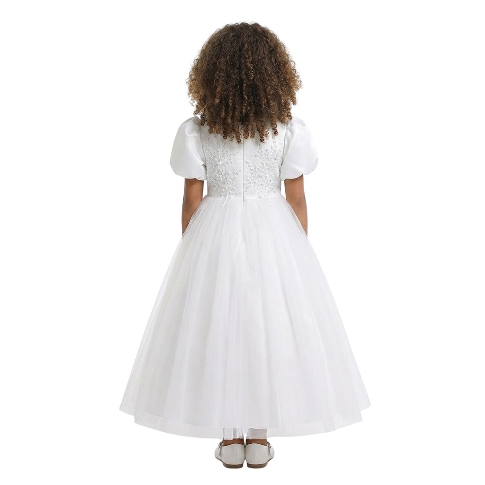 D' Daniela Puff Sleeve Long Tulle Pearl Dress - White