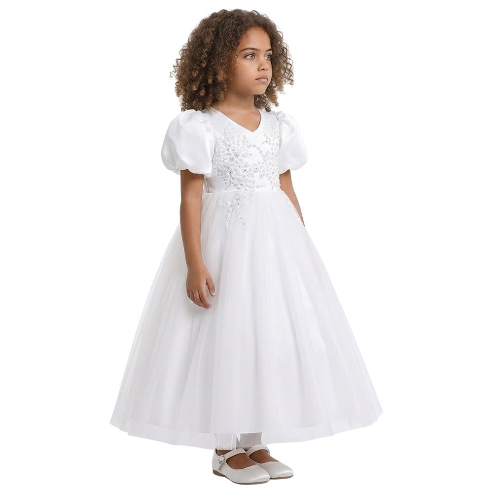 D' Daniela Puff Sleeve Long Tulle Pearl Dress - White