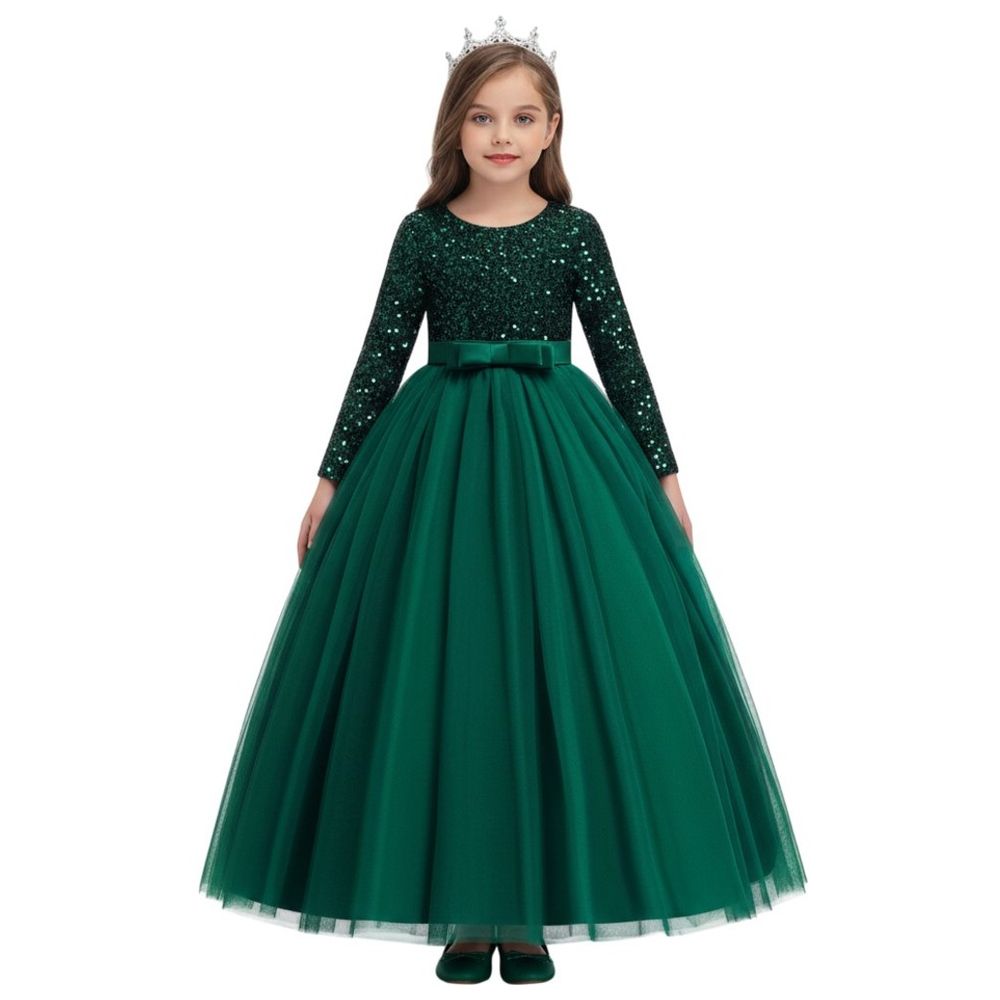 D' Daniela Girls Heavy Sequins Party Dress - Dark Green