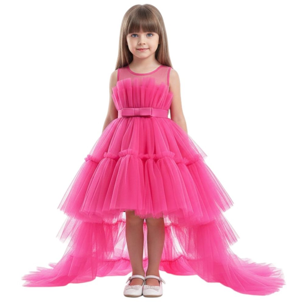 D' Daniela Girls Bow Front Ruffle Hem Mesh Gown - Hot Pink