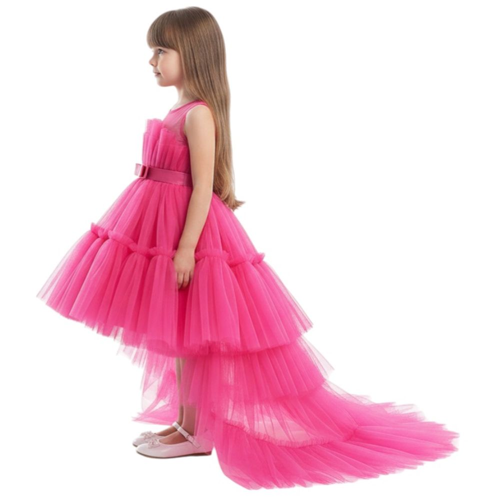 D' Daniela Girls Bow Front Ruffle Hem Mesh Gown - Hot Pink