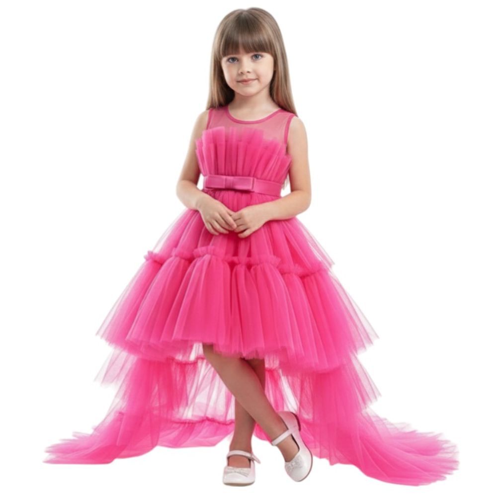 D' Daniela Girls Bow Front Ruffle Hem Mesh Gown - Hot Pink