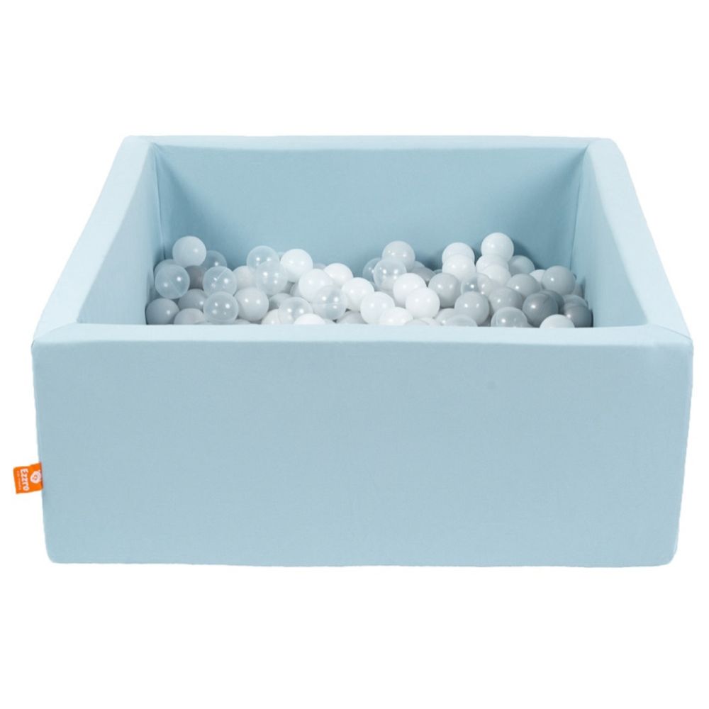Ezzro - Square Ball Pit 120x120x50 With 600 Balls (Silver, White, Transparent) - Pale Blue