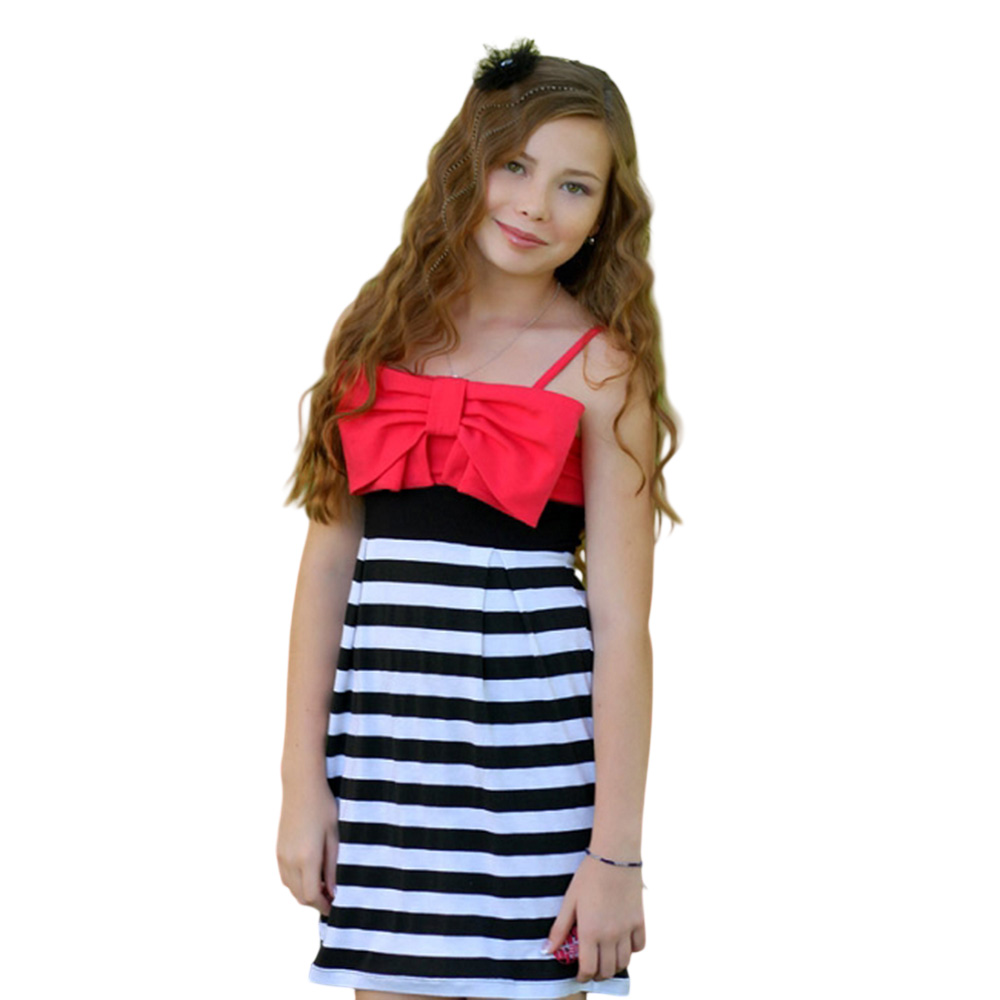 Brums Stripe with Big Pink Bow Tween Dress - Black/White