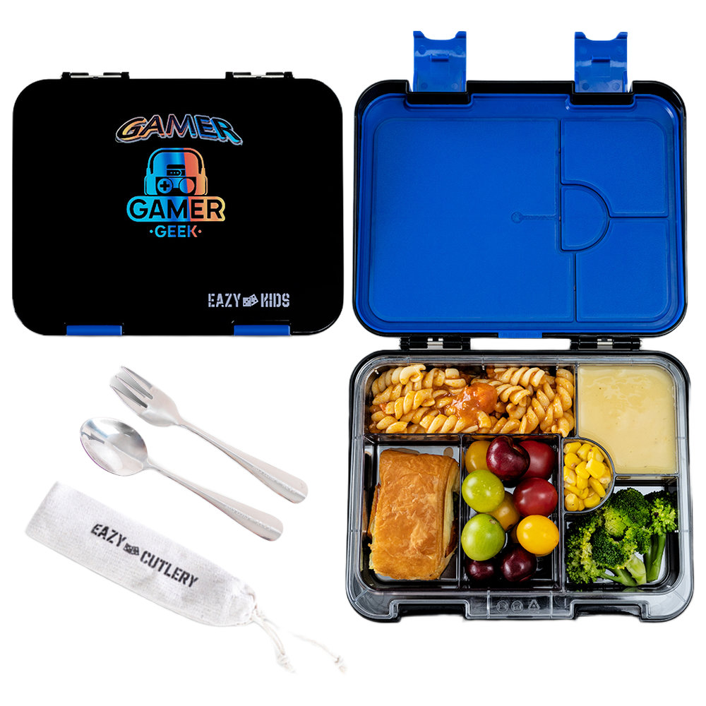 Eazy Kids - 6/4 Convertible Bento Lunch Box Set - Gamer Black - 1080 ml