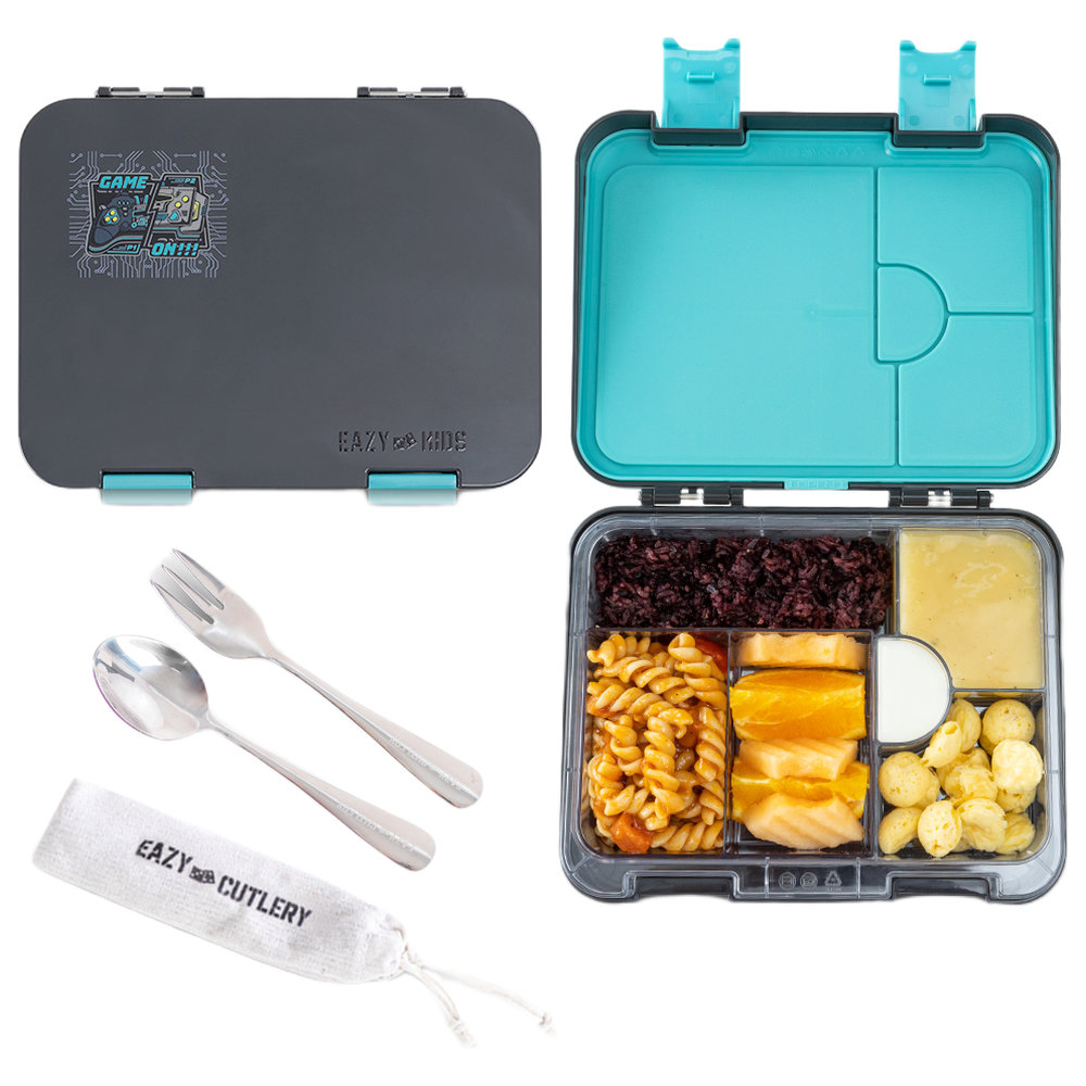 Eazy Kids - 6/4 Convertible Bento Lunch Box Set - Game On Grey - 1080 ml