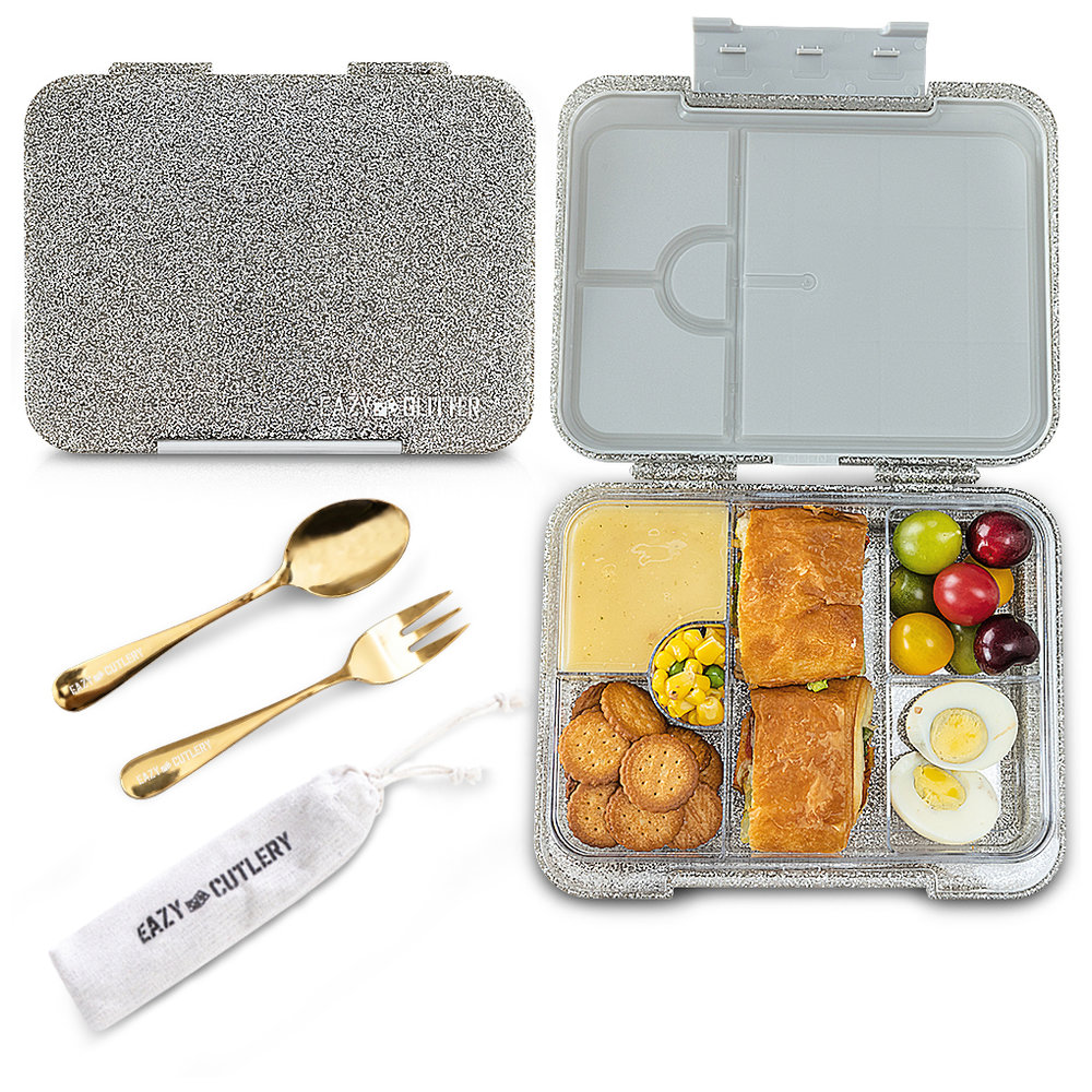 Eazy Kids - Personalized 4/6 Compartment Bento Lunch Box With Steel Spoon And Fork - Glitter Ivory