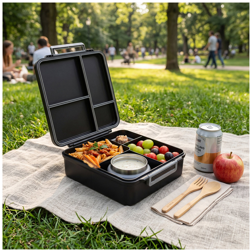 Eazy Kids - 4 Compartments Jumbo Bento Lunch Box With Thermos & Dip Jar