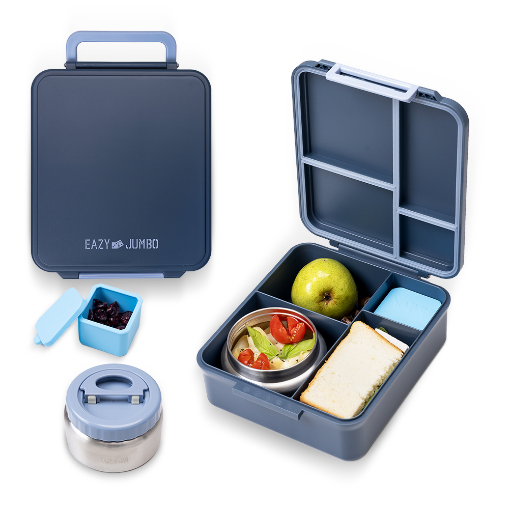 Eazy Kids - 4 Compartment Jumbo Bento Lunch Box With Thermos And Dip Jar - Grey