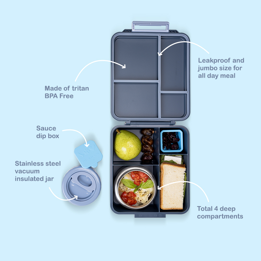 Eazy Kids - 4 Compartment Jumbo Bento Lunch Box With Thermos And Dip Jar - Grey