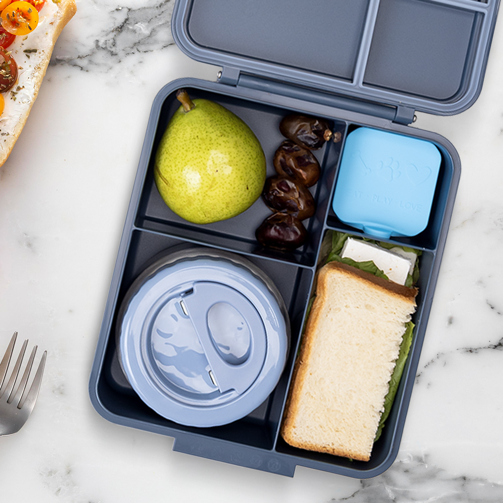 Eazy Kids - 4 Compartment Jumbo Bento Lunch Box With Thermos And Dip Jar - Grey