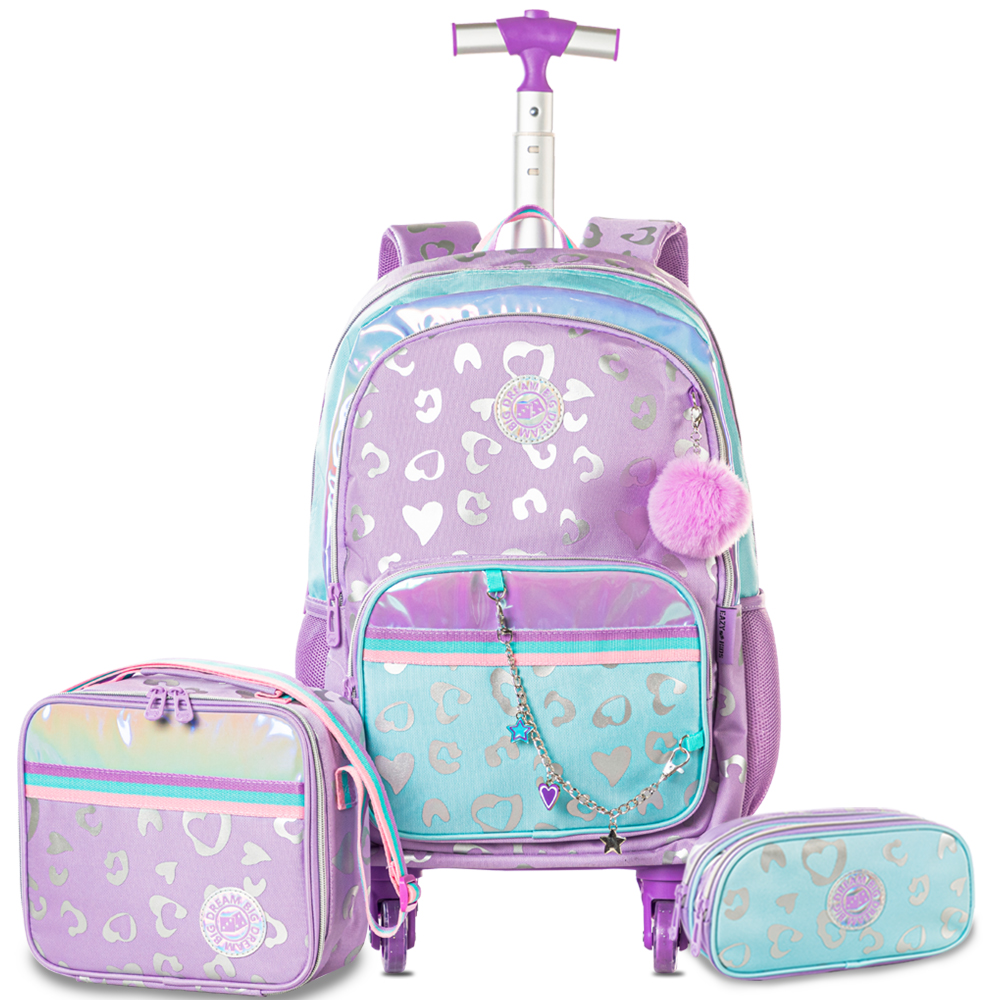 Eazy Kids - 4-wheel Trolley School Bag 3Pc Set - Love Purple - 17-Inch/43.5cm