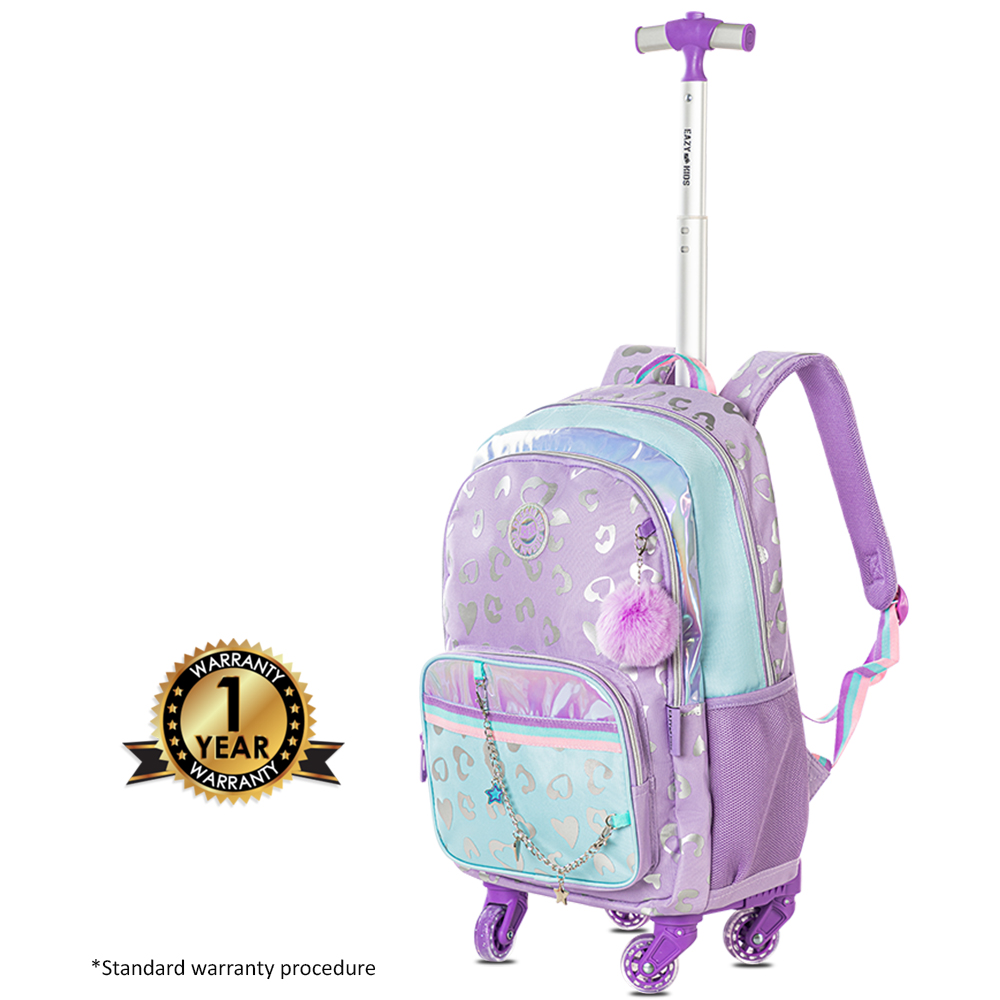Eazy Kids - 4-wheel Trolley School Bag 3Pc Set - Love Purple - 17-Inch/43.5cm