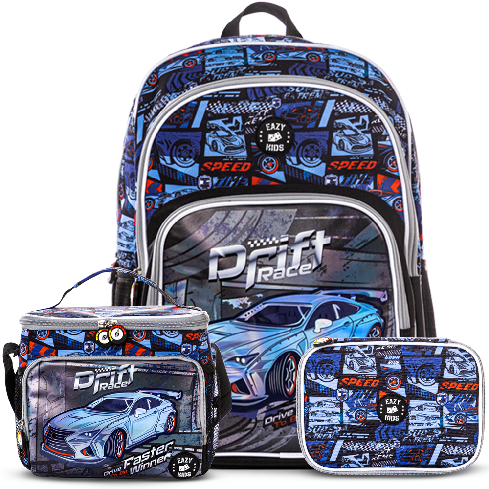 Eazy Kids - Backpack With Lunch Bag & Pencil Case - Car Racing - 18-Inch/46cm