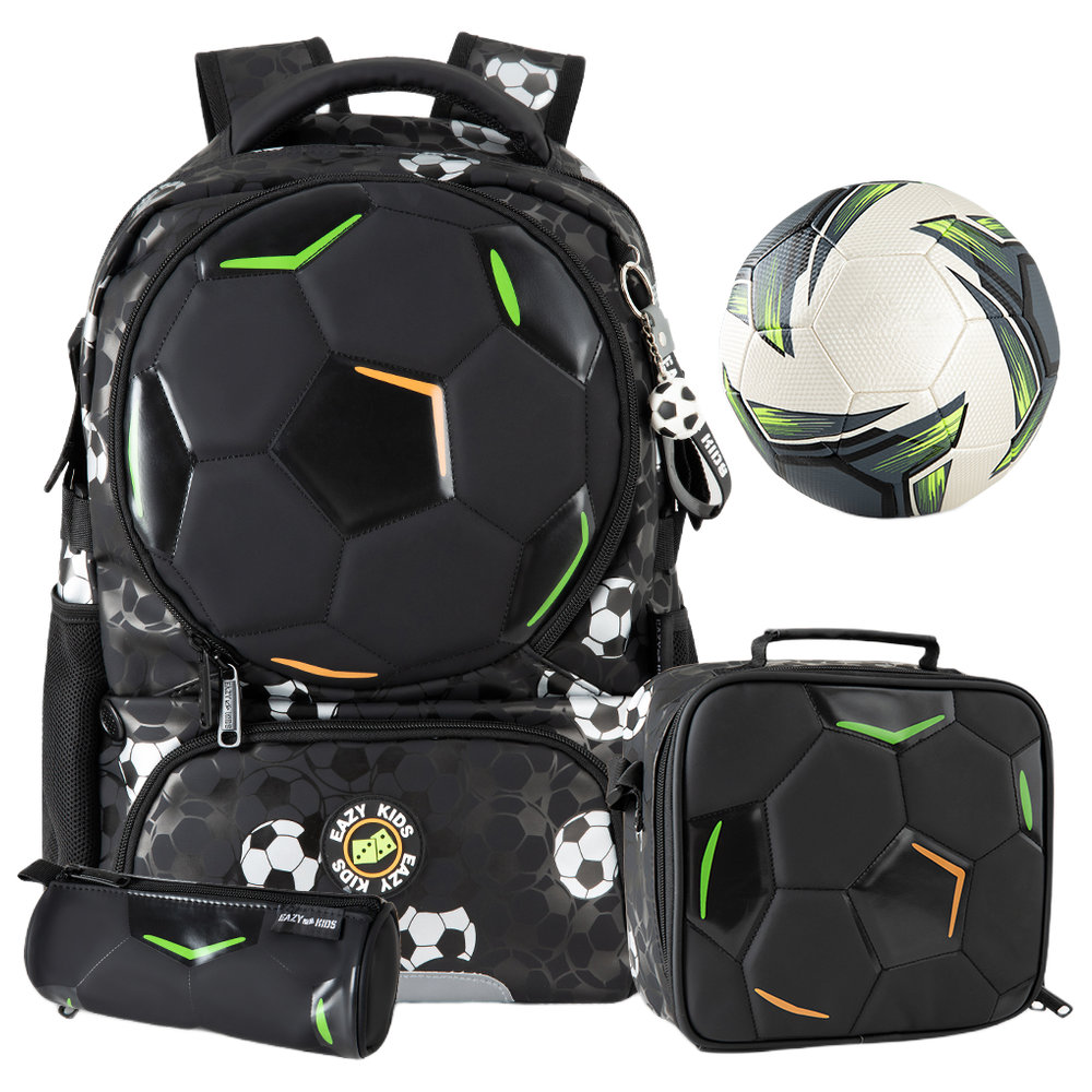 Eazy Kids - Footballer Backpack, Football, Lunch Bag And Pencil Case - Black - 4 Pc Set