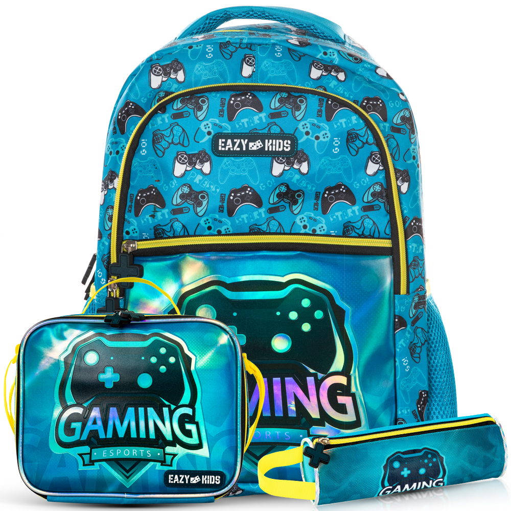 Eazy Kids - Backpack with Lunch Bag & Pencil Case - Gaming - 16-Inch/41cm