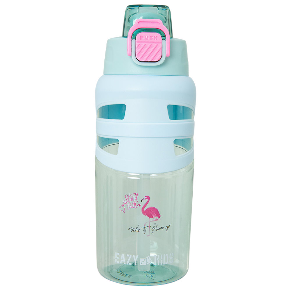 Eazy Kids - Flip Top Spout And Straw Water Bottle - Flamingo Aqua - 750 ml